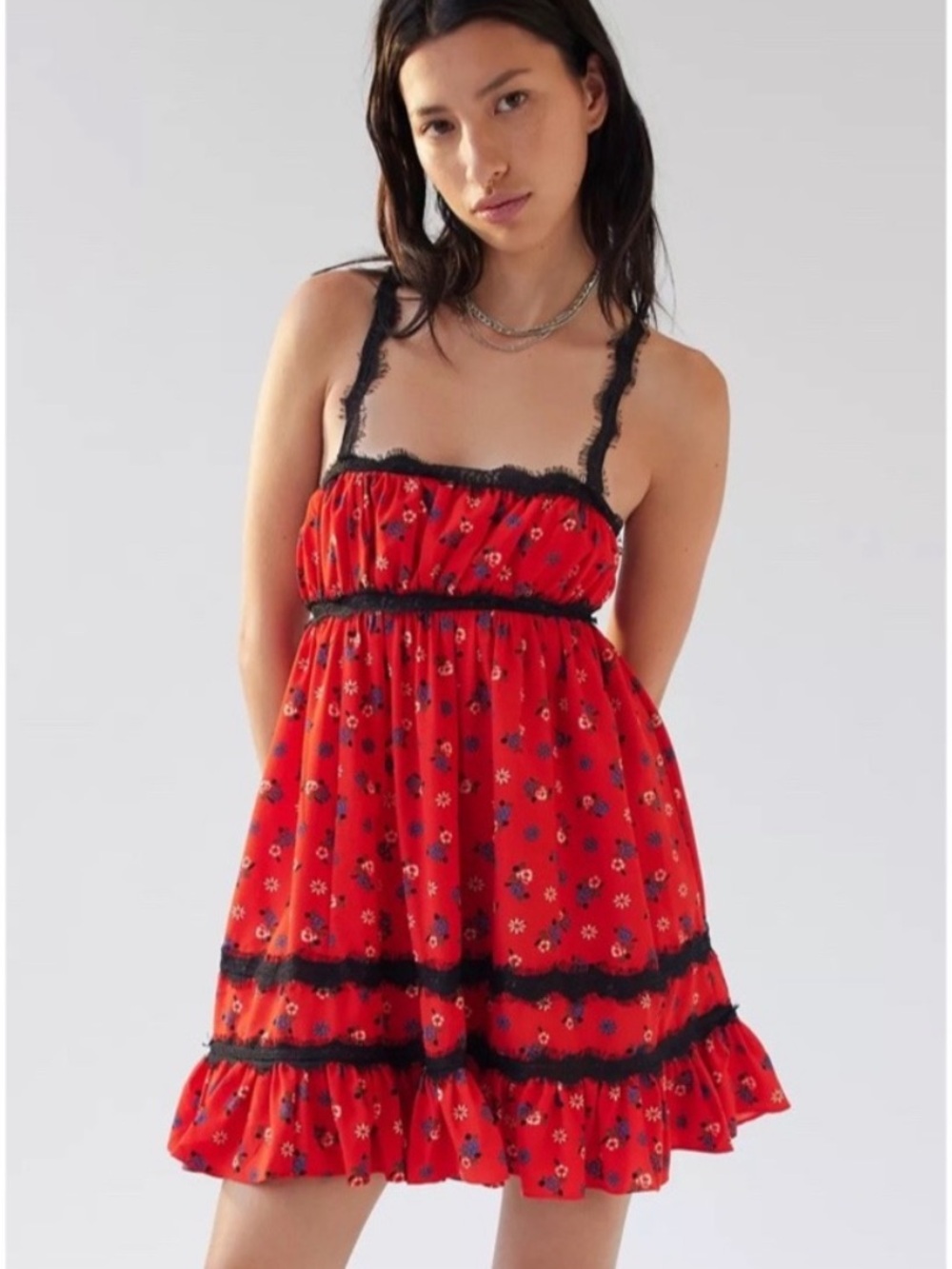 Urban Outfitters Elaina Strappy Lace Red Floral Babydoll Mini Dress size SP